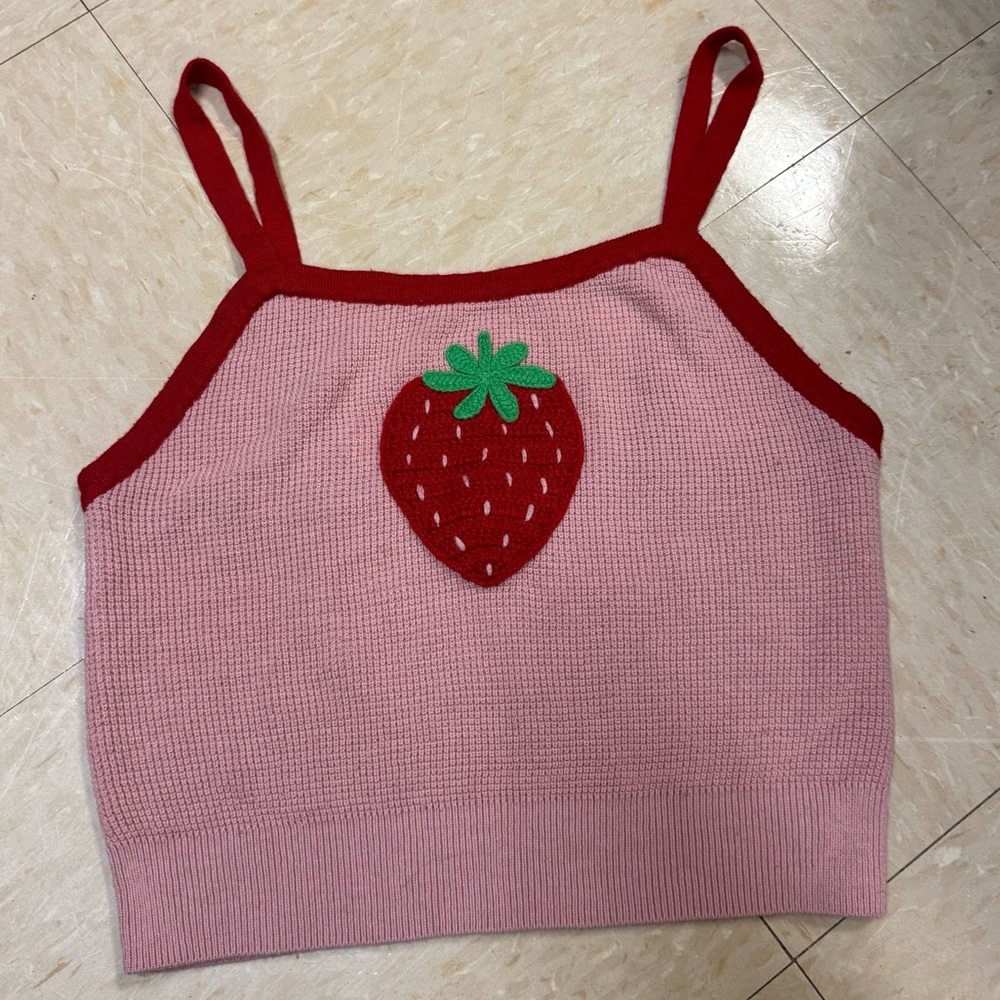Pink Embroidered Strawberry Girls Crop Strappy Tank Top